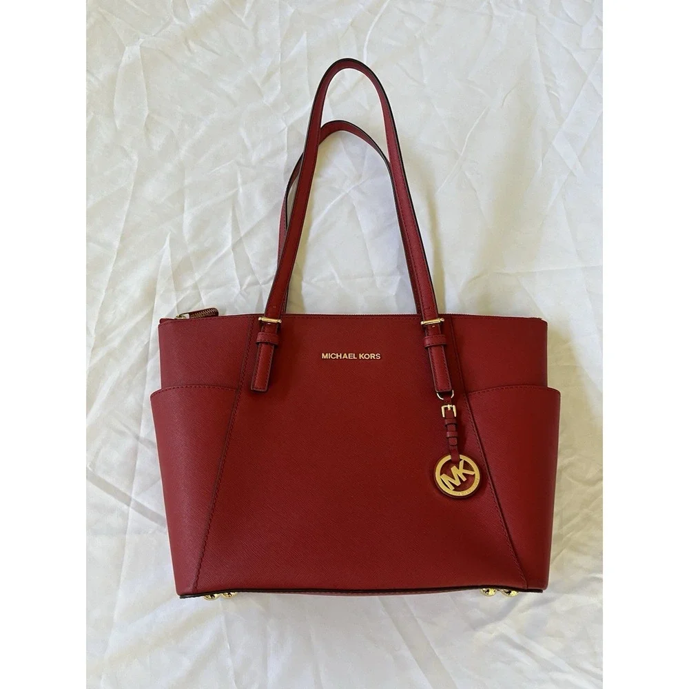 NEW Michael Kors Jet Set Top-Zip Saffiano Leather Red No Tags